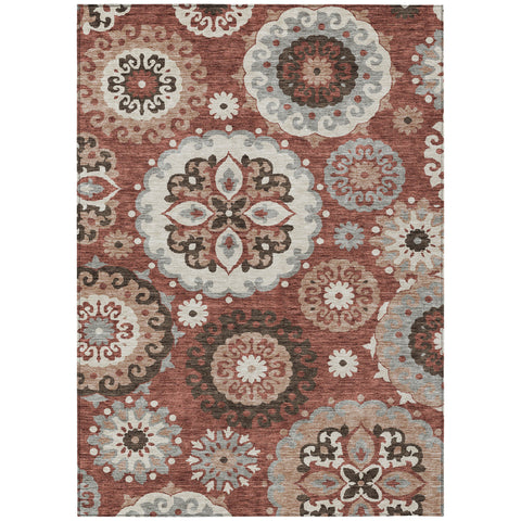 5' X 8' Orange Taupe And Gray Floral Medallion Washable Indoor Outdoor Area Rug