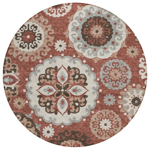 8' Orange Taupe And Gray Round Floral Medallion Washable Indoor Outdoor Area Rug
