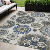 5' X 8' Pewter Silver And Gray Floral Medallion Washable Indoor Outdoor Area Rug