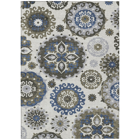 5' X 8' Pewter Silver And Gray Floral Medallion Washable Indoor Outdoor Area Rug