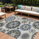 8' X 10' Pewter Silver And Gray Floral Medallion Washable Indoor Outdoor Area Rug