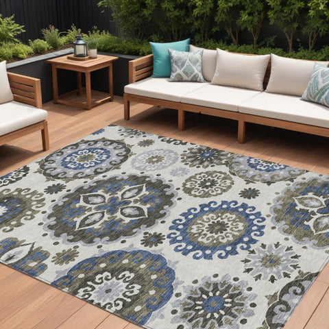 8' X 10' Pewter Silver And Gray Floral Medallion Washable Indoor Outdoor Area Rug