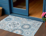 3' X 5' Sky Blue And Denim Blue Floral Medallion Washable Indoor Outdoor Area Rug