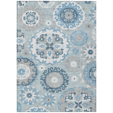 3' X 5' Sky Blue And Denim Blue Floral Medallion Washable Indoor Outdoor Area Rug