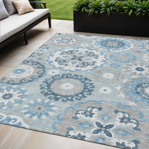 5' X 8' Sky Blue And Denim Blue Floral Medallion Washable Indoor Outdoor Area Rug
