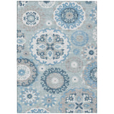 5' X 8' Sky Blue And Denim Blue Floral Medallion Washable Indoor Outdoor Area Rug