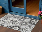 3' X 5' Silver Gray And Ivory Floral Medallion Washable Indoor Outdoor Area Rug