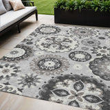 5' X 8' Silver Gray And Ivory Floral Medallion Washable Indoor Outdoor Area Rug