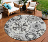 8' Silver Gray And Ivory Round Floral Medallion Washable Indoor Outdoor Area Rug