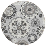 8' Silver Gray And Ivory Round Floral Medallion Washable Indoor Outdoor Area Rug