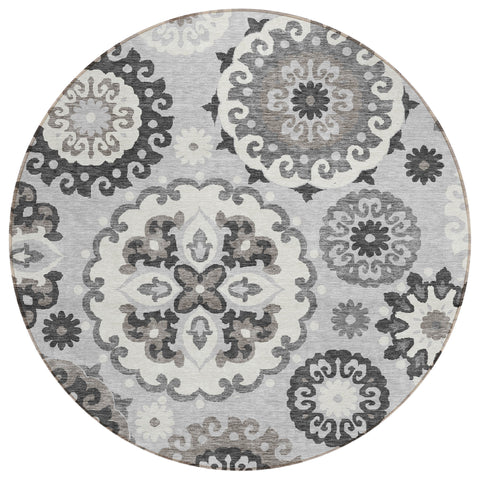 8' Silver Gray And Ivory Round Floral Medallion Washable Indoor Outdoor Area Rug