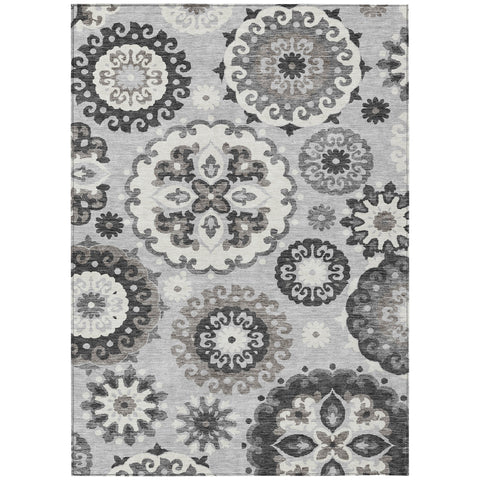 8' X 10' Silver Gray And Ivory Floral Medallion Washable Indoor Outdoor Area Rug