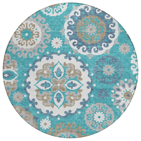 8' Teal Blue Taupe And Gray Round Floral Medallion Washable Indoor Outdoor Area Rug