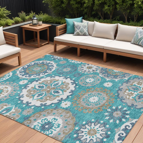 8' X 10' Teal Blue Taupe And Gray Floral Medallion Washable Indoor Outdoor Area Rug