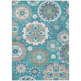 8' X 10' Teal Blue Taupe And Gray Floral Medallion Washable Indoor Outdoor Area Rug