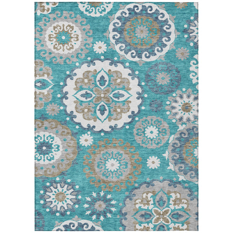8' X 10' Teal Blue Taupe And Gray Floral Medallion Washable Indoor Outdoor Area Rug
