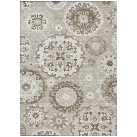 3' X 5' Taupe Beige And Brown Floral Medallion Washable Indoor Outdoor Area Rug
