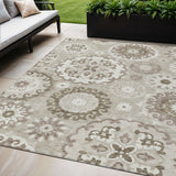 5' X 8' Taupe Beige And Brown Floral Medallion Washable Indoor Outdoor Area Rug