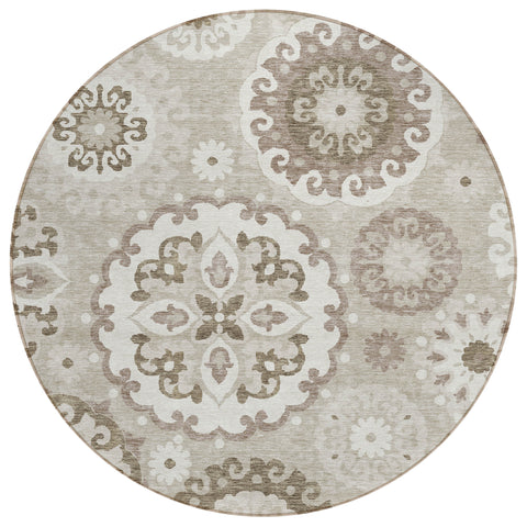 8' Taupe Beige And Brown Round Floral Medallion Washable Indoor Outdoor Area Rug