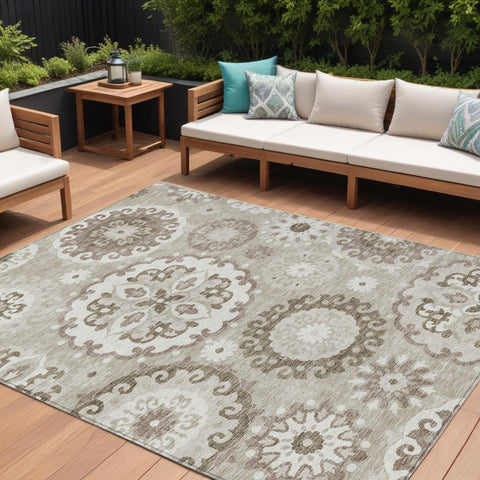 8' X 10' Taupe Beige And Brown Floral Medallion Washable Indoor Outdoor Area Rug