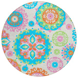 8' White Orange And Teal Blue Round Floral Medallion Washable Indoor Outdoor Area Rug