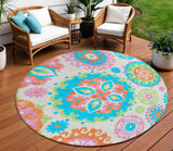 8' White Orange And Teal Blue Round Floral Medallion Washable Indoor Outdoor Area Rug