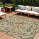 8' X 10' Beige Taupe And Copper Floral Washable Indoor Outdoor Area Rug
