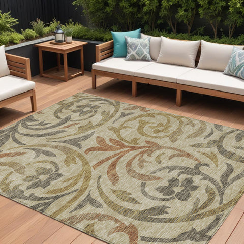 8' X 10' Beige Taupe And Copper Floral Washable Indoor Outdoor Area Rug