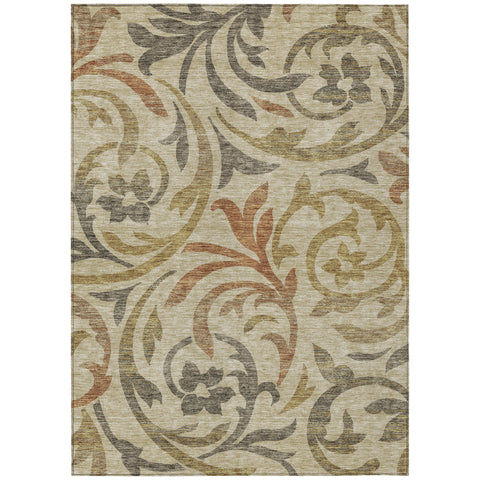 8' X 10' Beige Taupe And Copper Floral Washable Indoor Outdoor Area Rug