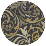 8' Black Taupe And Gold Round Floral Washable Indoor Outdoor Area Rug