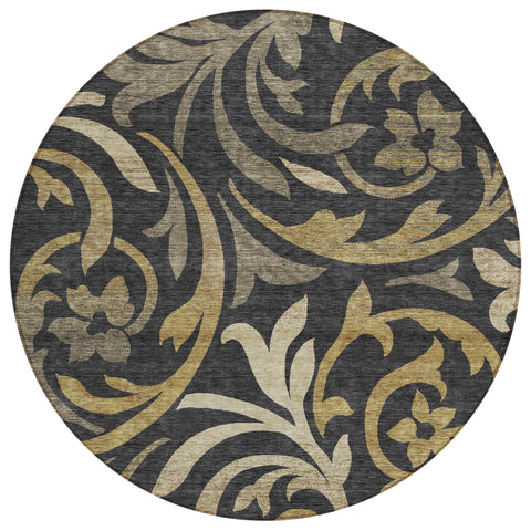 8' Black Taupe And Gold Round Floral Washable Indoor Outdoor Area Rug