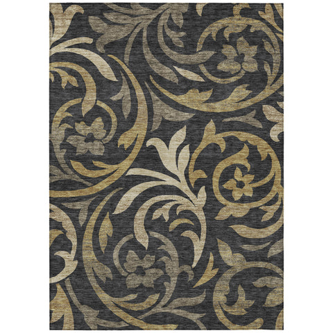 8' X 10' Black Taupe And Gold Floral Washable Indoor Outdoor Area Rug