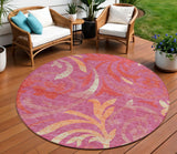 8' Blush Orange And Ivory Round Floral Washable Indoor Outdoor Area Rug