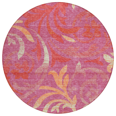 8' Blush Orange And Ivory Round Floral Washable Indoor Outdoor Area Rug