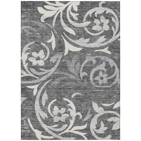 3' X 5' Charcoal Silver And Gray Floral Washable Indoor Outdoor Area Rug