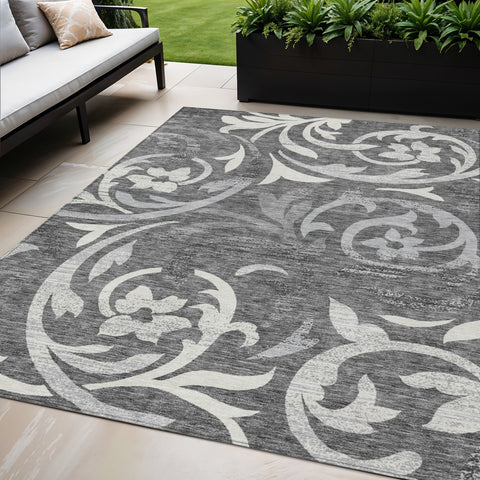 5' X 8' Charcoal Silver And Gray Floral Washable Indoor Outdoor Area Rug