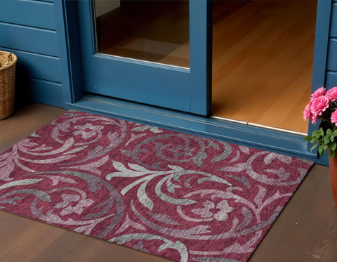 3' X 5' Red Gray And Silver Floral Washable Indoor Outdoor Area Rug