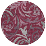 8' Red Gray And Silver Round Floral Washable Indoor Outdoor Area Rug