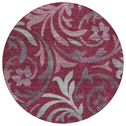 8' Red Gray And Silver Round Floral Washable Indoor Outdoor Area Rug