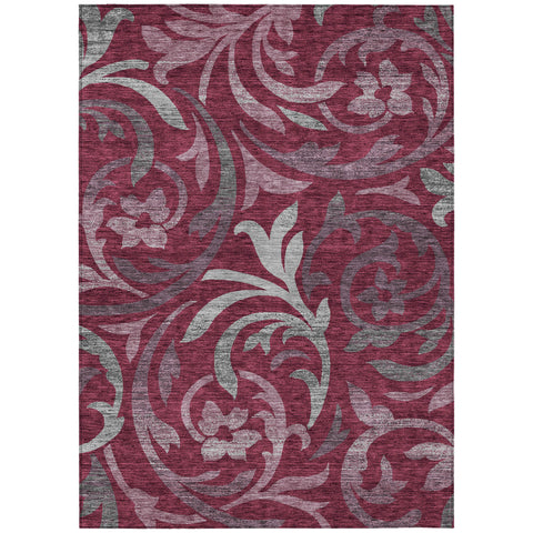 8' X 10' Red Gray And Silver Floral Washable Indoor Outdoor Area Rug