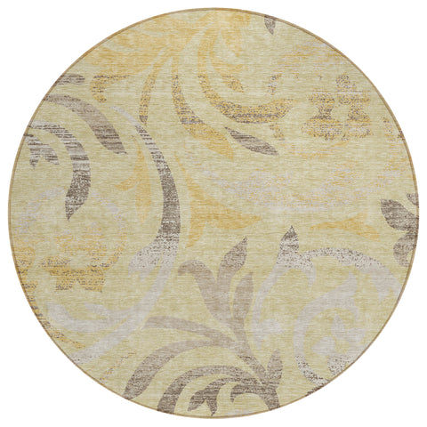 8' Gold Beige And Taupe Round Floral Washable Indoor Outdoor Area Rug