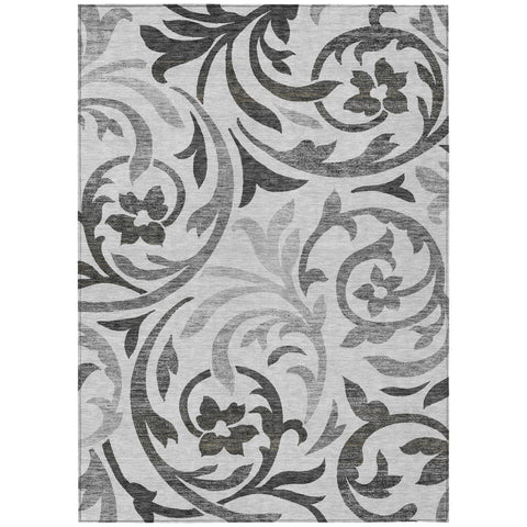 3' X 5' Gray Charcoal And Silver Floral Washable Indoor Outdoor Area Rug