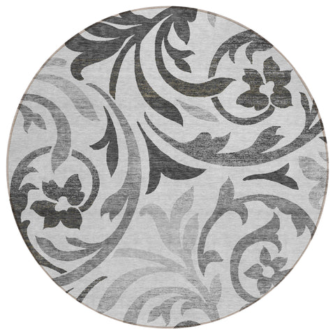 8' Gray Charcoal And Silver Round Floral Washable Indoor Outdoor Area Rug