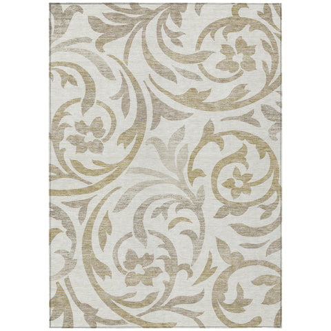 5' X 8' Ivory Beige And Taupe Floral Washable Indoor Outdoor Area Rug