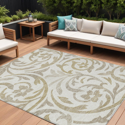 8' X 10' Ivory Beige And Taupe Floral Washable Indoor Outdoor Area Rug