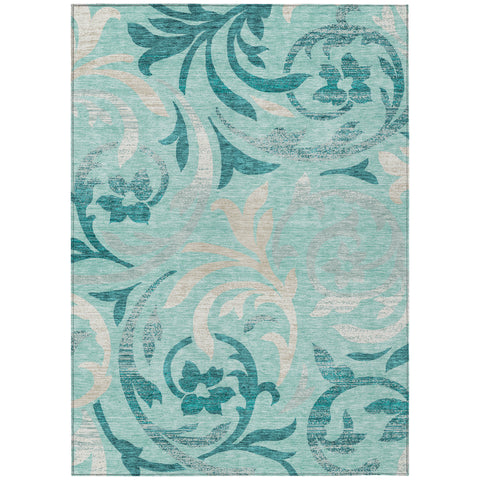 3' X 5' Teal Blue Aqua And Beige Floral Washable Indoor Outdoor Area Rug
