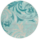 8' Teal Blue Aqua And Beige Round Floral Washable Indoor Outdoor Area Rug