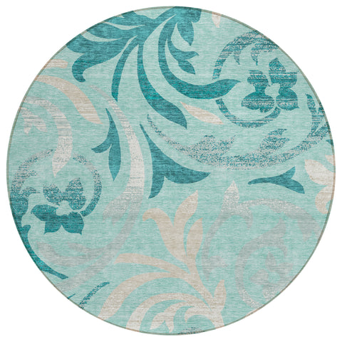 8' Teal Blue Aqua And Beige Round Floral Washable Indoor Outdoor Area Rug