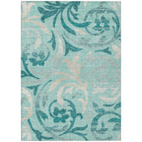 8' X 10' Teal Blue Aqua And Beige Floral Washable Indoor Outdoor Area Rug