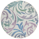 8' White Purple And Sage Round Floral Washable Indoor Outdoor Area Rug
